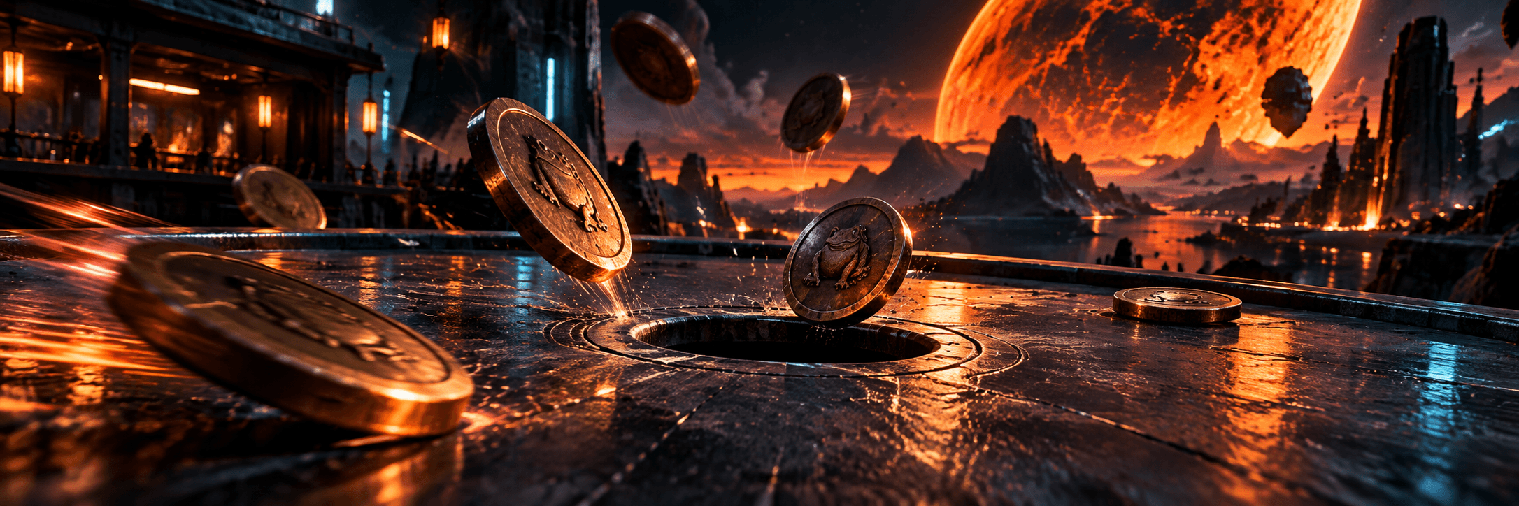 Concept illustration: Brass toads discs flying toward an industrial scoring table